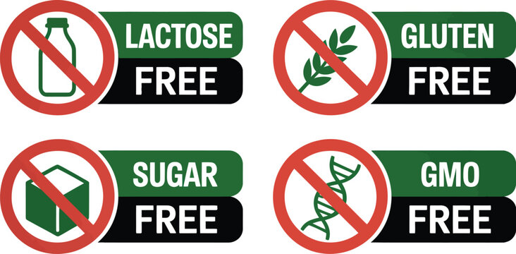 Dietary restriction symbols vector, four free from food icons including lactose free gluten free sugar free and GMO free labels.