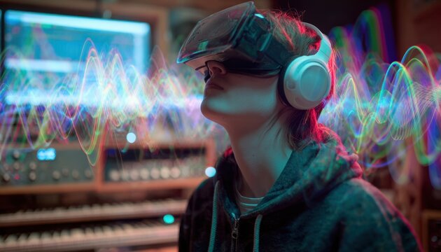 Person wearing vr headset in music studio with audio equipment and visual effects