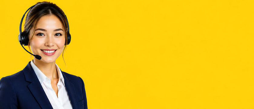 Customer care representative smiling with headset on a vibrant yellow background. Professional call center agent providing corporate support with copy space.