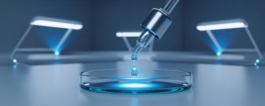 Anti aging science concept with dropper and blue liquid in petri dish for laboratory research and skincare innovation