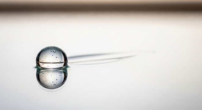 Anti aging science concept with clear water droplet reflecting light on smooth surface for beauty and health