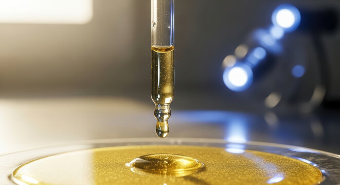 Anti aging science concept with golden serum drop in pipette over petri dish for skincare research
