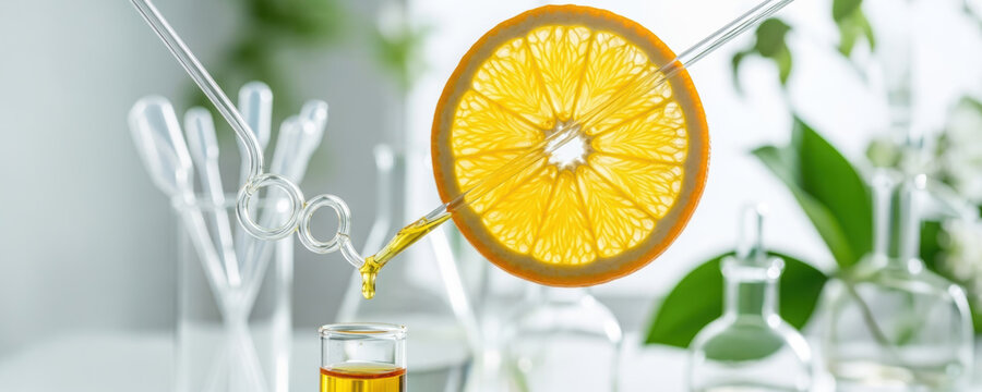 Anti aging science concept with fresh orange slice and liquid drop in laboratory glassware for skincare beauty