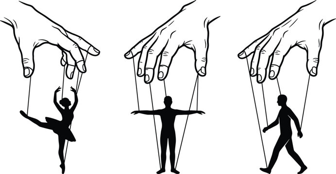 Human puppet manipulation concept with marionette control and psychological influence vector illustration set