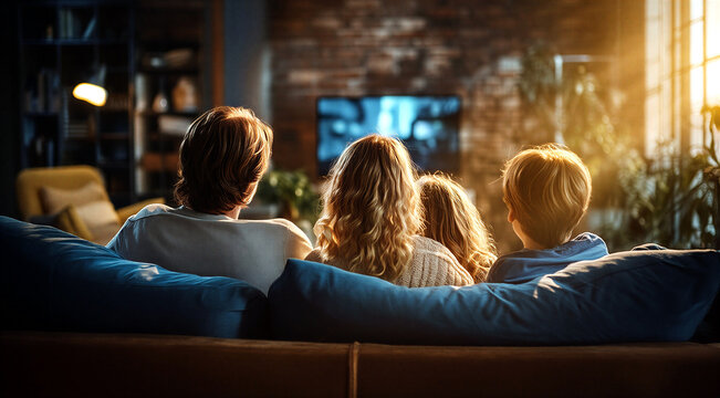 Happy family with parents and two children sitting on couch watching television together at home