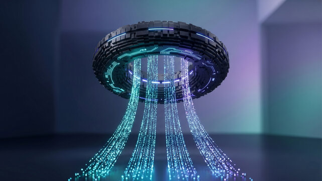 Generative AI floating ring shaped processor emitting structured geometric data streams for tech marketing digital innovation and futuristic branding visuals