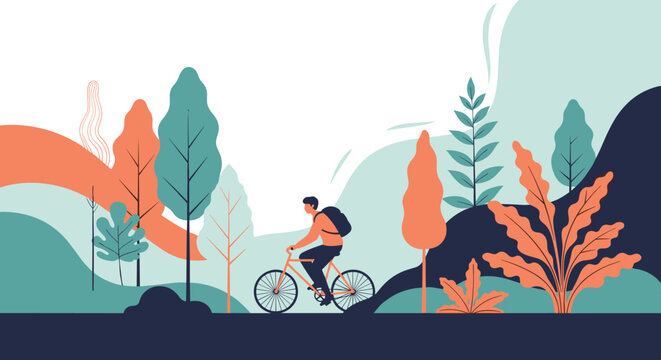 Person rides a bicycle through a stylized forest landscape featuring colorful trees and abstract shapes in a flat design style.