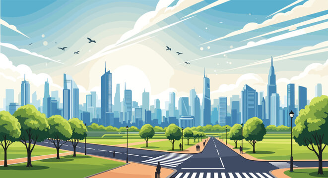 Beautiful city park features green trees and a crosswalk leading towards a modern urban skyline under a bright sunny sky.