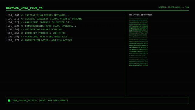 Network Data Flow Interface with Green HUD Command Line Terminal and Hex Stream Decryption Analytics.