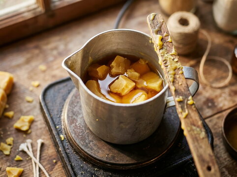 Golden beeswax chunks slowly melt in an aluminum pitcher on a hot plate, ready for crafting natural candles or homemade beauty products.