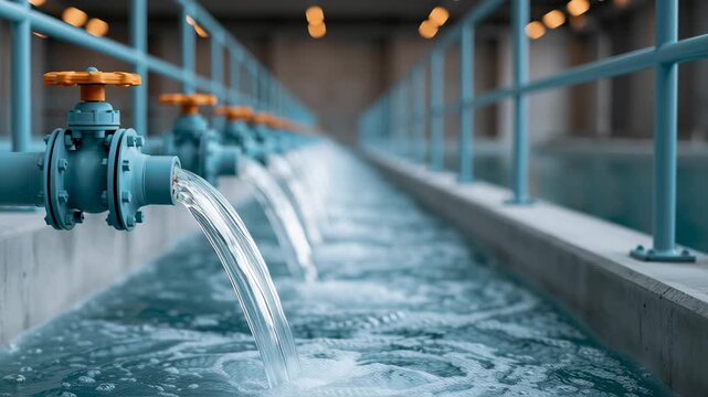 Water flows continuously from blue industrial valves into a concrete channel, showcasing the efficient operation of a water treatment facility with clear water and modern infrastructure