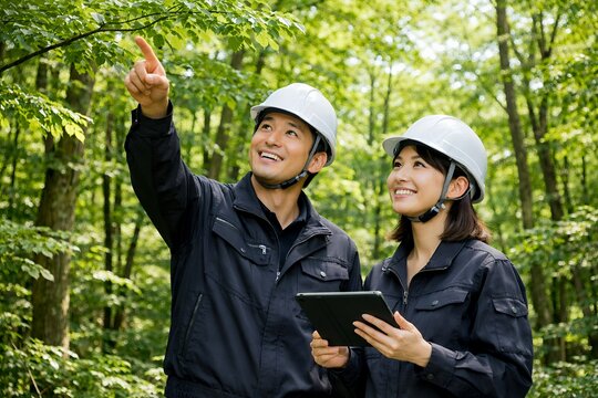 ヘルメットを被り森の中でタブレットを持ちながら指差し確認をする作業服姿の男女2人