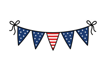 Obraz premium Patriotic American Flag Bunting Banner for July 4th Independence Day, USA Celebration Garlands with Red White and Blue Stars and Stripes, Vector Illustration