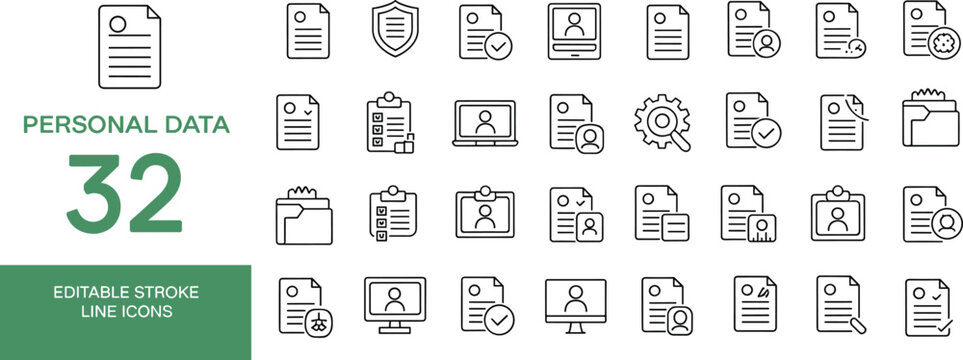 Personal Data And Document Line Icons With Folder And Computer vector illustration