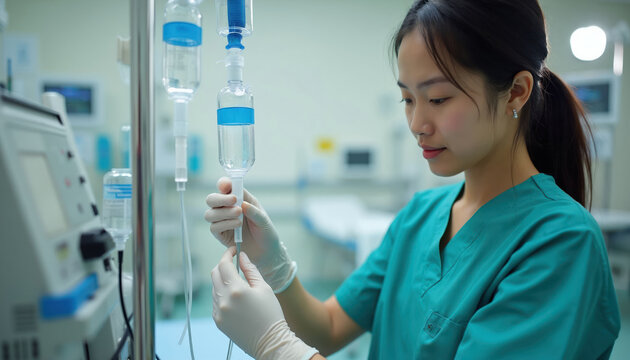 Asian nurse wears green uniform adjusts IV drip bag in hospital ward. Medical pro checks infusion fluid and tubing, prepares patient treatment. Healthcare worker monitors equipment, assists recovery.