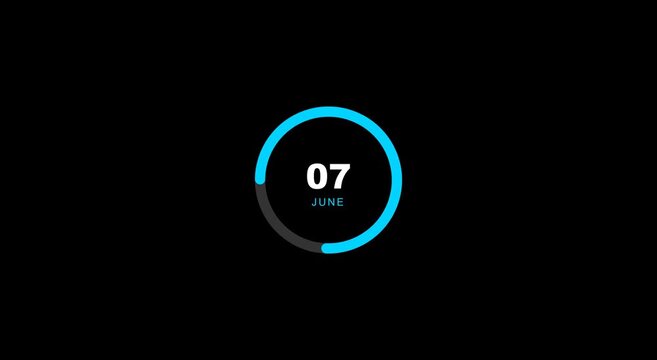 June 07 calendar date animation, glowing blue circular loading bar on black background, minimalist digital countdown timer for daily events