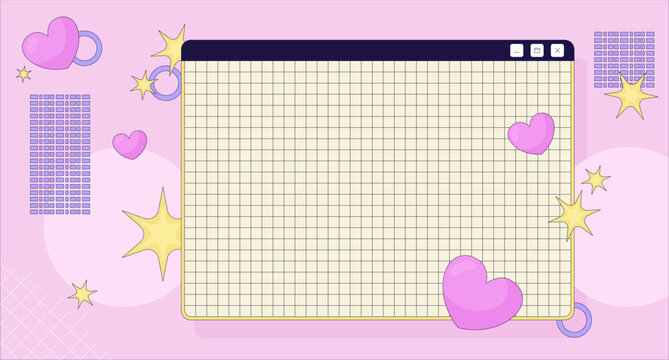 Retro Y2K grid desktop window lofi background. Cute 2000s digital UI blank. Kawaii hearts and sparkle empty space. Lo Fi art aesthetic. 2D flat wallpaper nostalgic illustration. Vector cartoon image