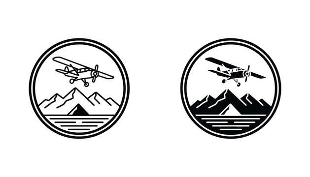 Small airplane flying over mountain landscape inside circular badge vector illustration set