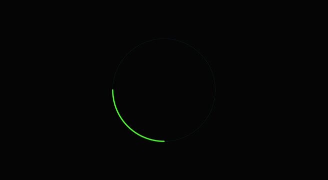 Minimalist green loading circle animation, glowing progress bar on black background, circular buffering icon for digital interface and web design
