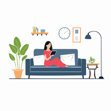 Woman Relaxing on Sofa with Tablet