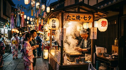 Obraz premium A vibrant night scene at a traditional Japanese festival featuring a street food stall selling Takoyaki, decorated with glowing paper lanterns and people dressed in Yukata