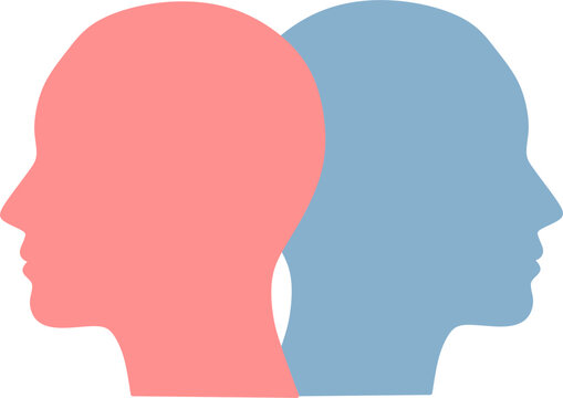 A minimalist illustration of two human head silhouettes in profile, one pink and one blue, facing in opposite directions. mental health concept 