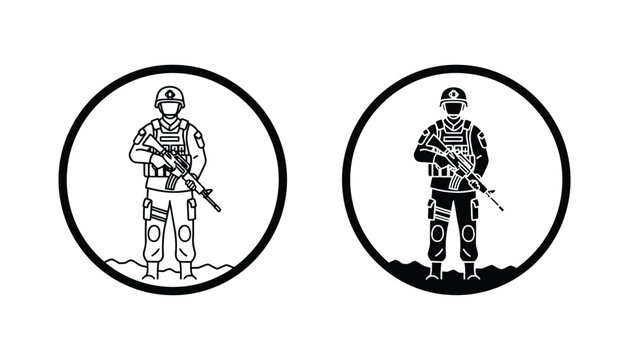 Soldier with rifle standing in circle frame black and white vector illustration for military icon and logo design