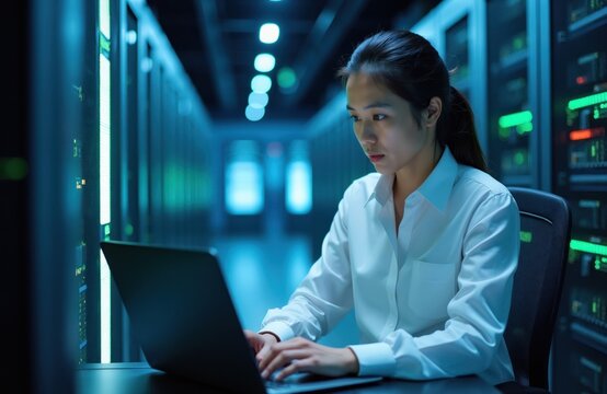Young asian woman works on laptop in data center server room. Rows of glowing racks with computer equipment are visible. She focuses on screen, typing. Tech career woman studies server diagnostics.