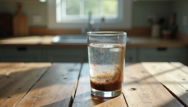 Glass shows water purity contrast. Half clear fluid sits beside sediment filled liquid on wood table. Kitchen background illustrates water quality difference.