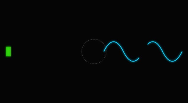 Minimalist digital sine wave animation, glowing blue frequency line on black background, scientific signal processing visualization