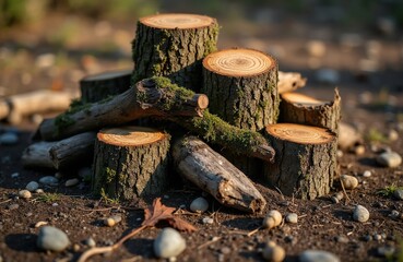 Obraz premium Cut tree trunks and branches rest on forest floor. Moss covers logs. Small rocks and dry leaf lie on dirt. Natural wood material piled up outdoors.
