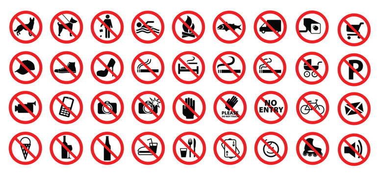 Prohibition signs array: A comprehensive array of prohibition signs against various activities, meticulously arranged, offer clear visual communication about restricted behaviors.