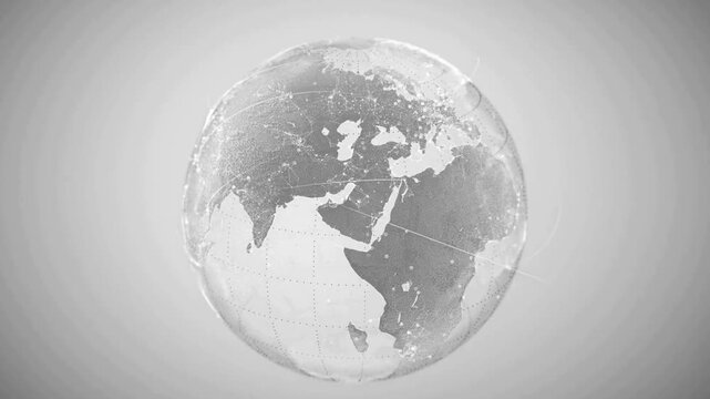 Digital earth globe rotating slowly in space with interconnected network connections representing global communication and data transfer across planet world.