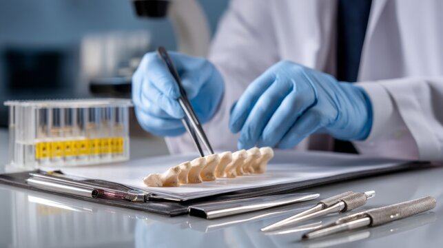 In a sterile lab, a forensic anthropologist in gloves carefully studies a skeletal spine. Tools and specimens surround the expert, highlighting the focus on intricate details essential for analysis