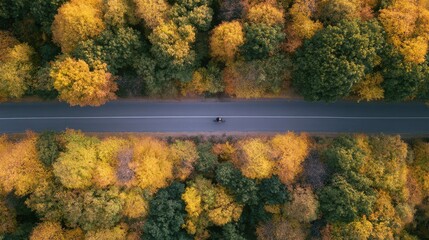 Obraz premium Top-down aerial drone view of a single cyclist riding on a road cutting through a dense vibrant autumn forest, geometric composition