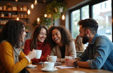 Fototapeta premium Four friends laugh together at cafe table with coffee cups. Diverse group enjoys conversation, warm atmosphere. Share stories, jokes relaxing indoors. People bond over warm drinks in cozy setting.
