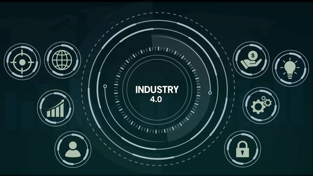 Digital infographic with concentric circles and surrounding icons representing industry 4.0 business concepts on a dark abstract background with faint world map overlay