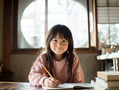 明るい日差しが差し込む室内でノートに鉛筆を走らせて勉強する笑顔の可愛い小学生の女の子