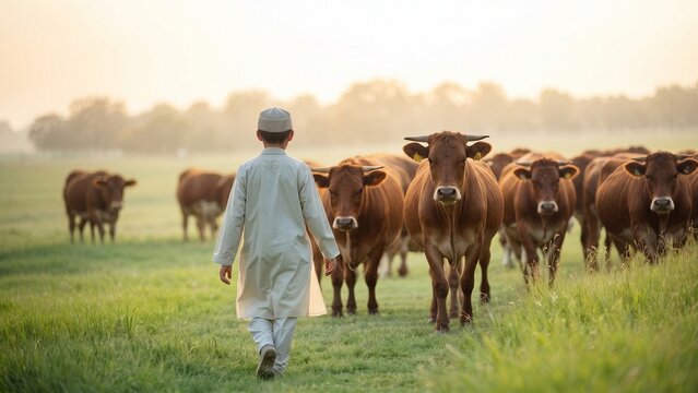 Young herder guiding a herd of brown cows across a sunlit green pasture, symbolizing traditional rural life and animal husbandry at dawn