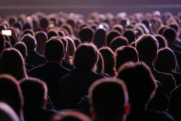 Fototapeta na wymiar Large audience watching live performance in dimly lit venue, backs of heads visible, phones recording, atmosphere of anticipation and focus.