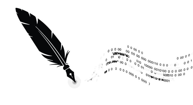 Digital quill pen creating a stream of binary code, symbolizing the fusion of writing and technology.