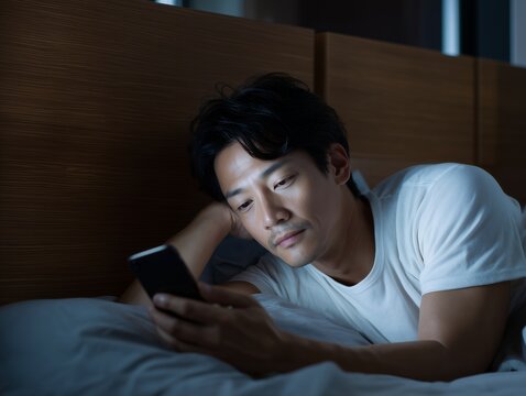 暗い寝室のベッドで横になりスマートフォンの画面をじっと見つめる独身の若い男性