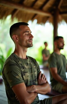Men in camouflage shirts meditate with closed eyes in serene outdoor setting. Practice deep breathing exercises for relaxation, mental clarity. Scene promotes wellness, inner peace for veterans.