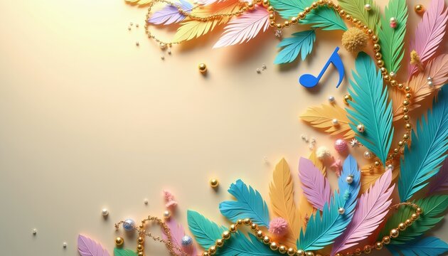 Colourful feathers music notes bead garland on pastel background. Paper cut style festive design for carnival celebration invite, party announcement or greeting card.
