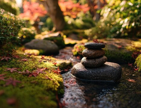 Zen garden stream with stacked stones and autumn foliage