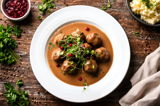 Delicious homemade swedish meatballs in creamy sauce with herbs and berries garnish on plate