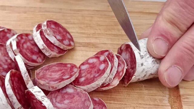 saucisson sec tranch&eacute; en gros plan