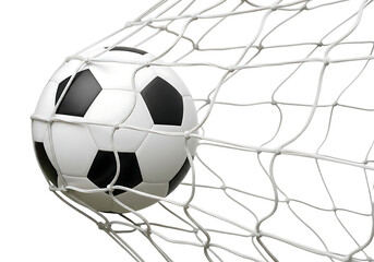 Fototapeta premium Soccer ball in net scoring a goal isolated on transparent background
