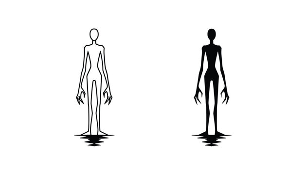 Alien creature standing silhouette icon set in minimalist black line art and solid silhouette style for sci-fi