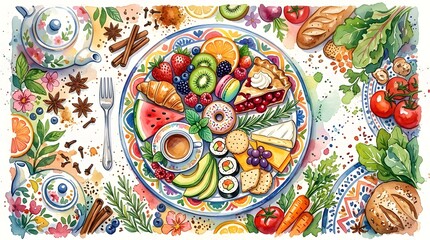 Naklejka premium Exquisite watercolor food art featuring a lavish platter of healthy fruits, sweet pastries, and savory snacks